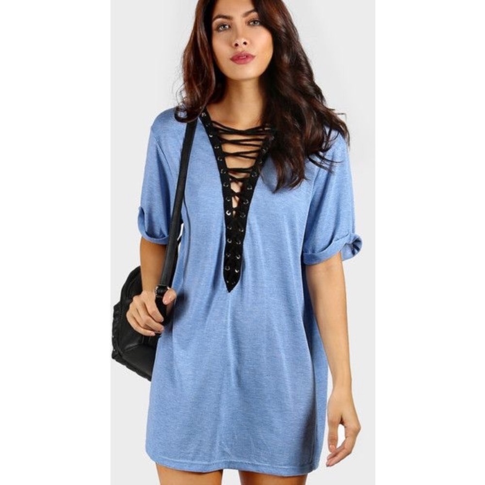 Blue Lace Up T-Shirt Dress Black Rope Tie